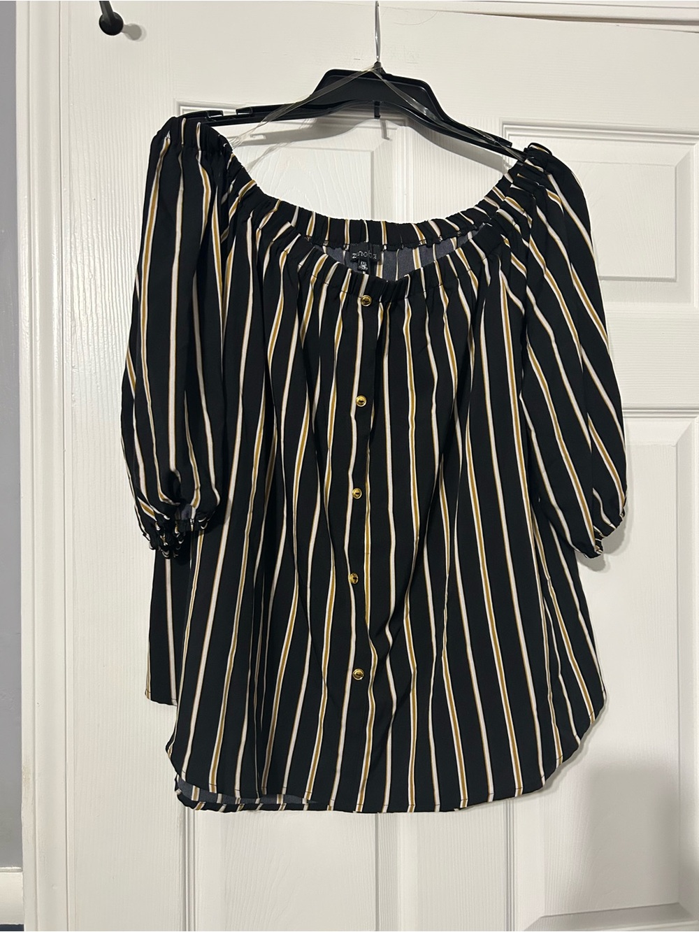 Zenobia Black & Cream Striped Off-Shoulder Button-Front Blouse